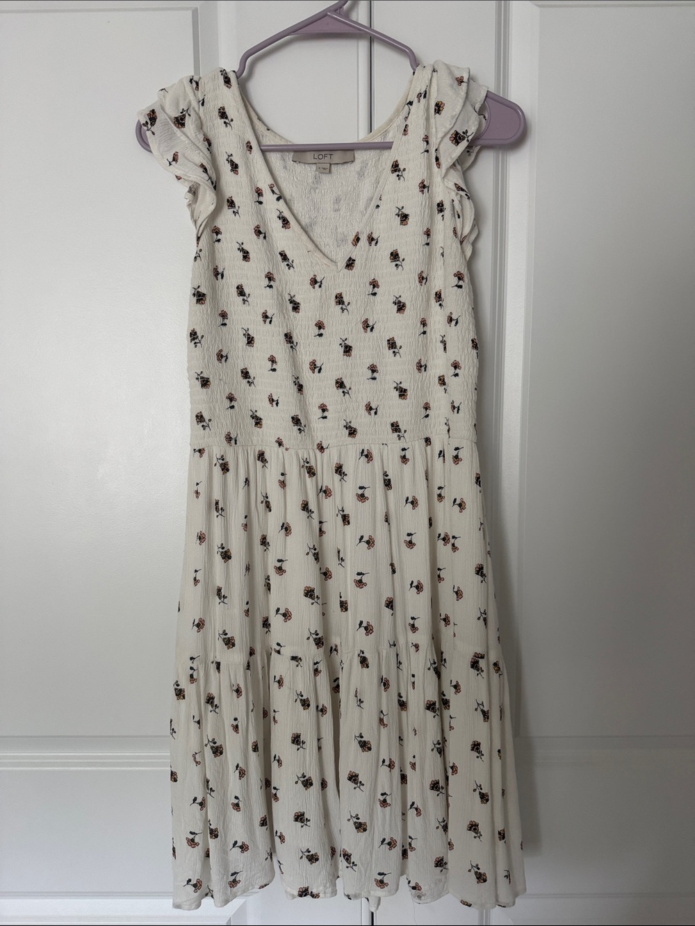 LOFT Cream Floral V-Neck Ruffle Midi Dress